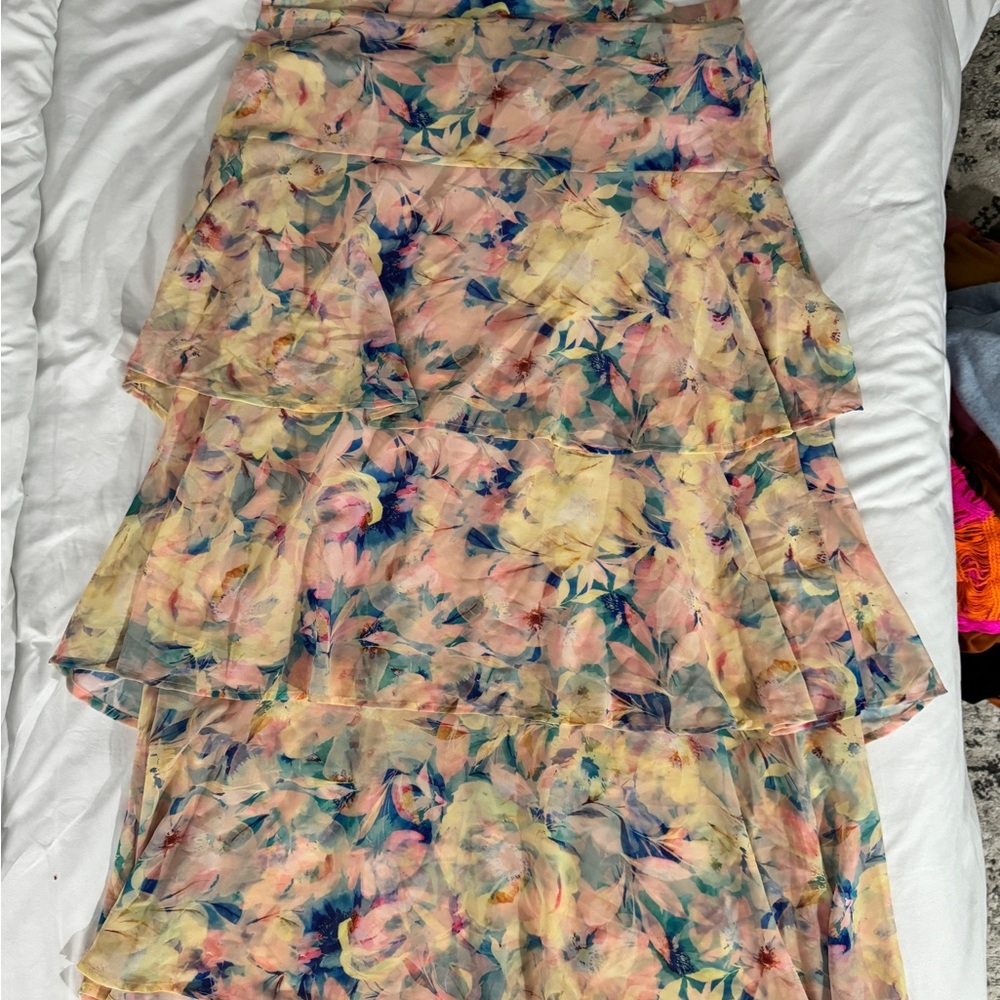Eloquii Pink and Yellow Tiered Midi Skirt Resort Wear